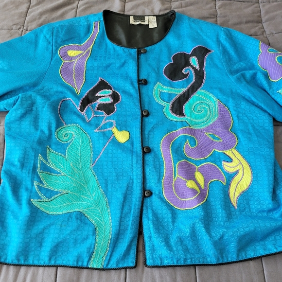 VTG Maggie Barnes Plus Size 3X Lined Artsy Embroidered Blue Jacket - Picture 6 of 8